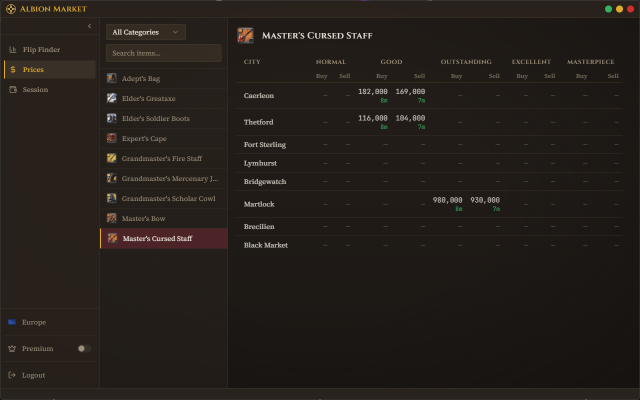 Prices screen showing item selection and city-by-quality price comparison.